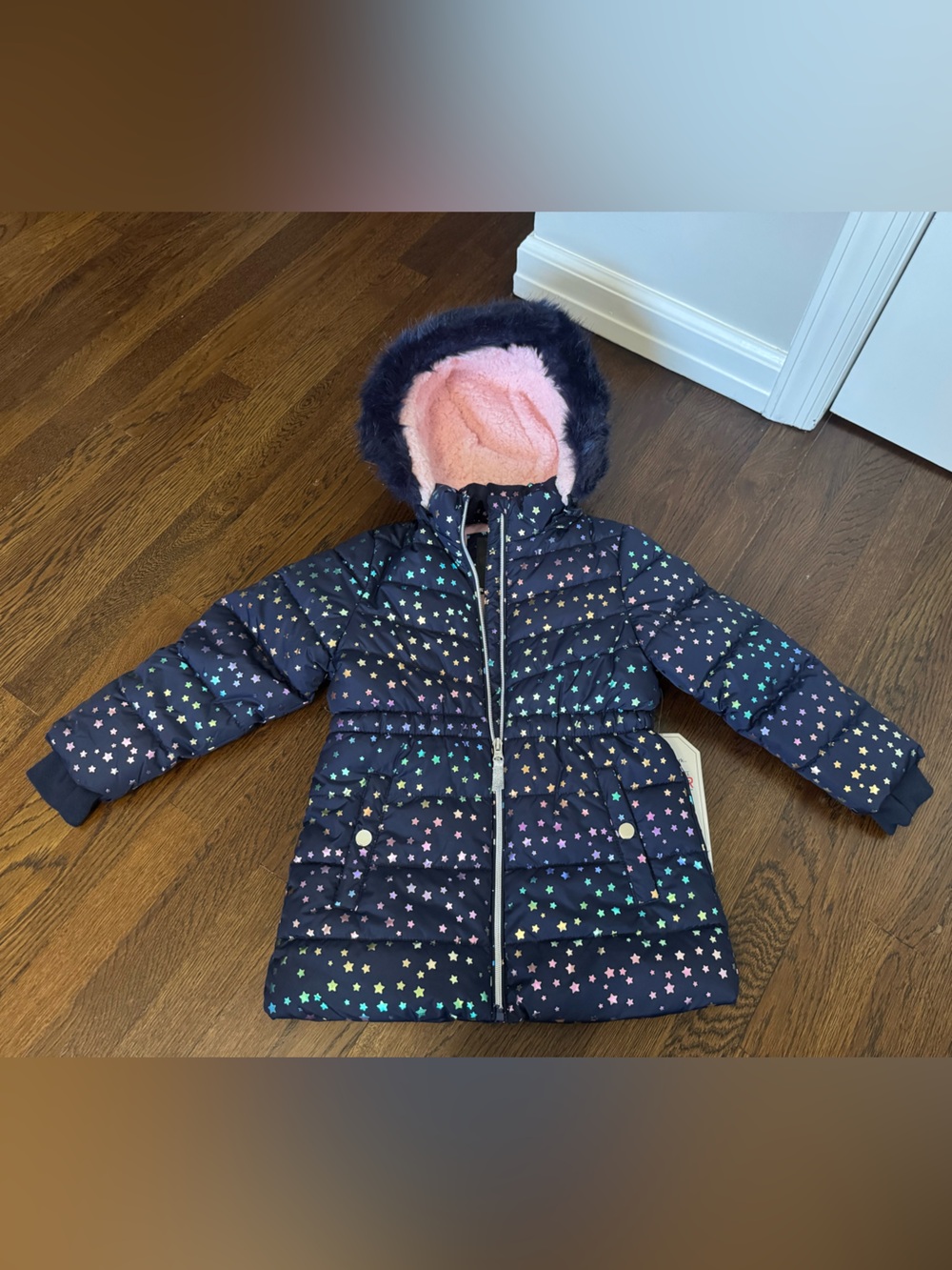 Girls' Navy Star-Print Puffer Coat with Pink Faux-Fur Hood